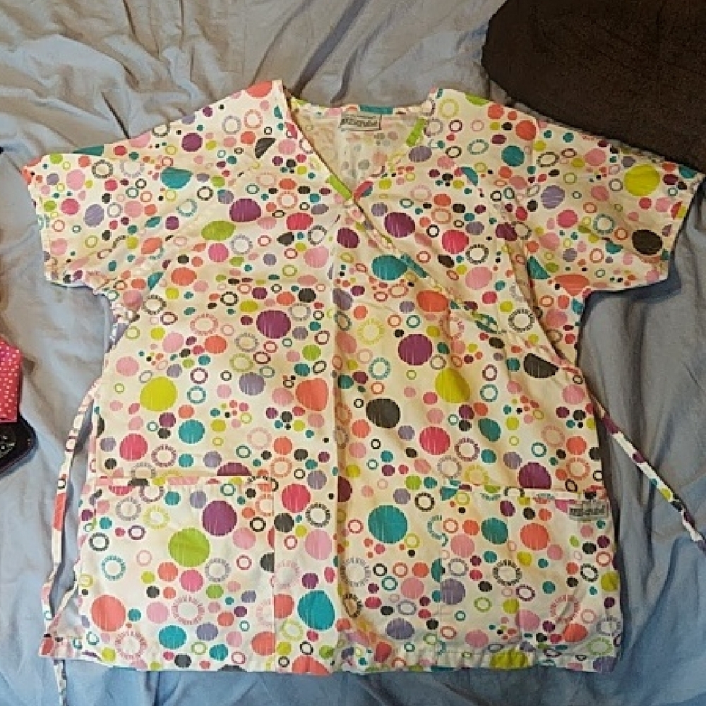 Playful Pink and Blue Polka Dot Scrub Top